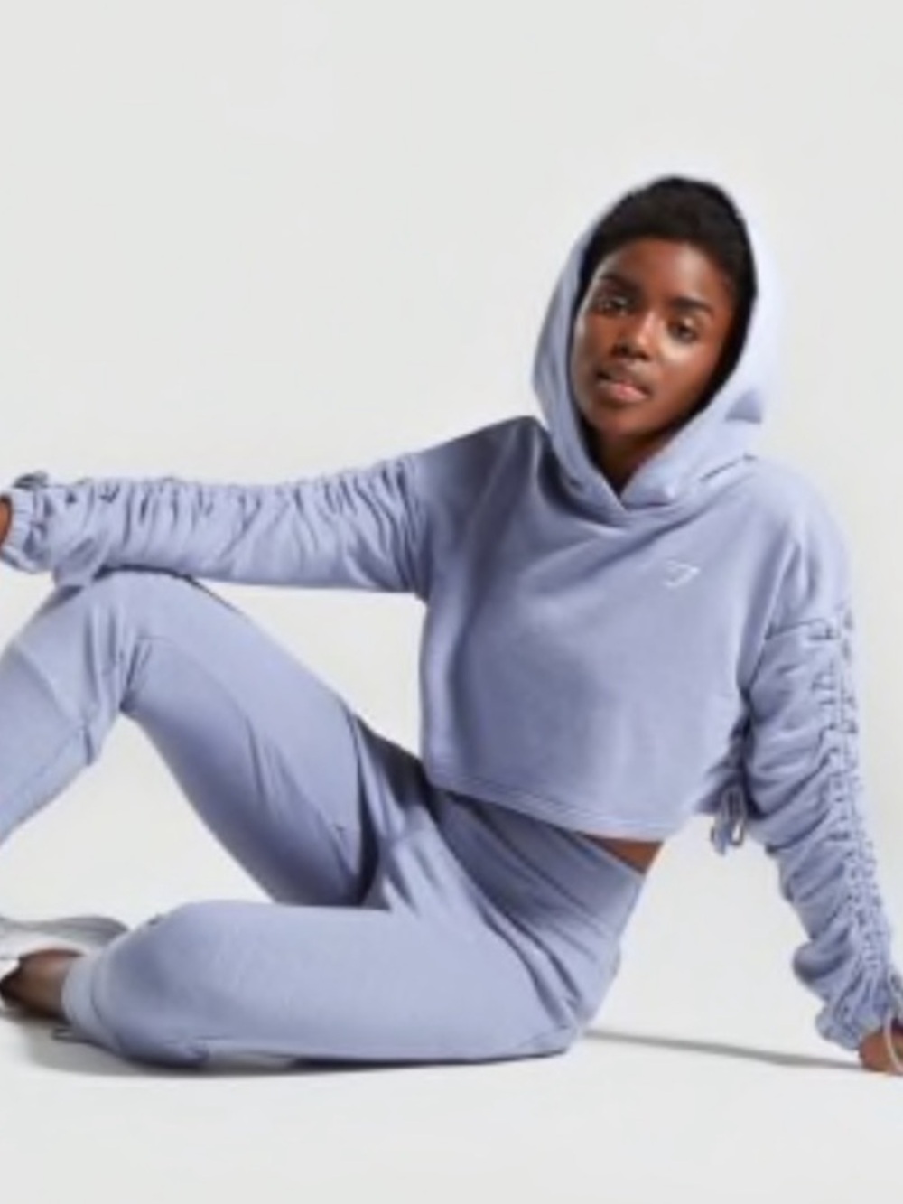 Gymshark Crop Hoodie Ruched Sleeve Steel Blue Activewear Athleisure